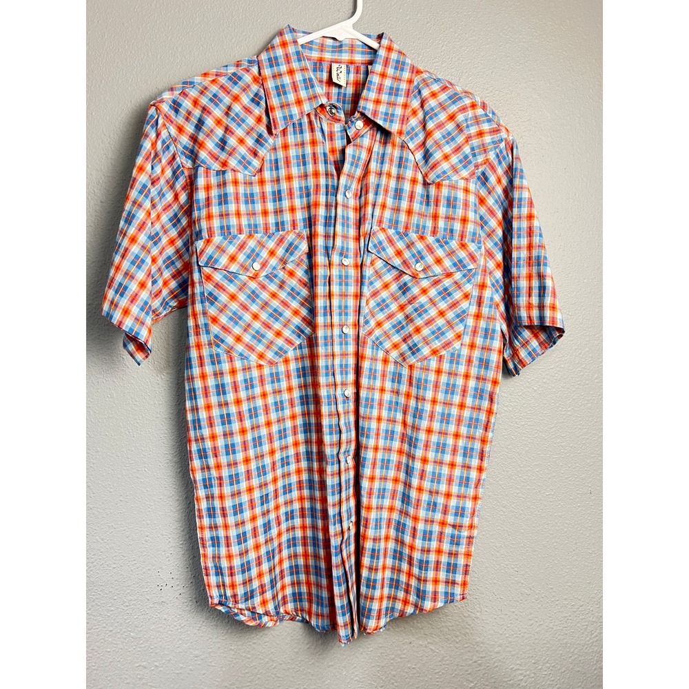 Walls Mens Western Shirt Blue Orange Plaid‎ Pearl Snap Short Sleeve Cotton Small
